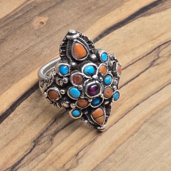 Jewelry - Vintage 70's 80's Boho Eclectic Global Tribal Multi-Color Shield Silver Ring, 7